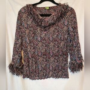 Crinkle Stretch Top Blouse Confetti Fringe Paisley  BOUTIQUE CHIC Fabulous Small